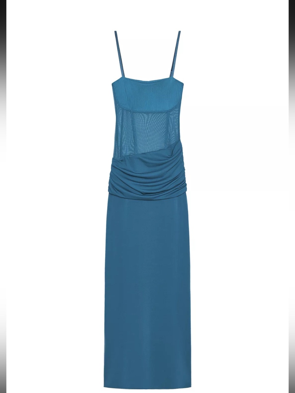 Zara Small Teal Blue Mesh Bodice Ruched Slip Dress